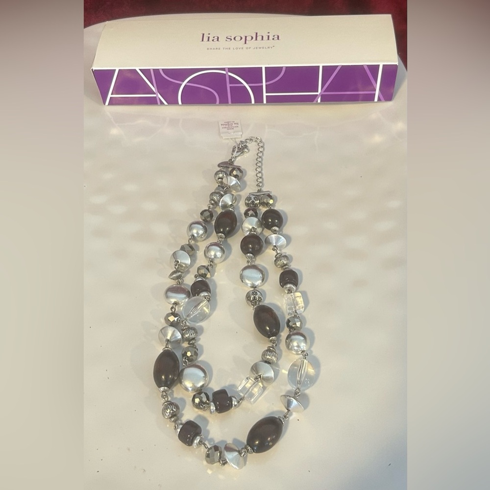 Lia Sophia Coffee Bean Necklace Double Strand With Wood, Resin, Glass Beads NIB